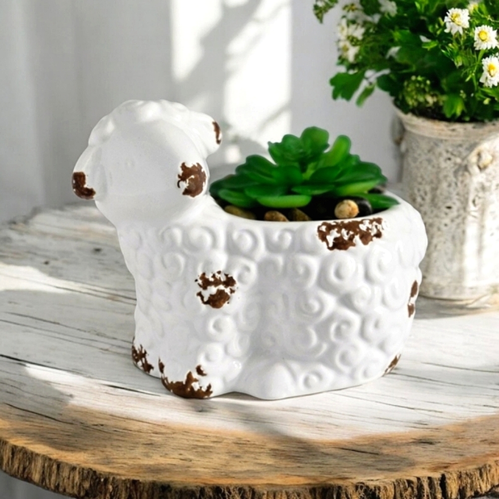 Farmhouse Ceramic Lamb Faux Succulent Desk Planter Cottagecore